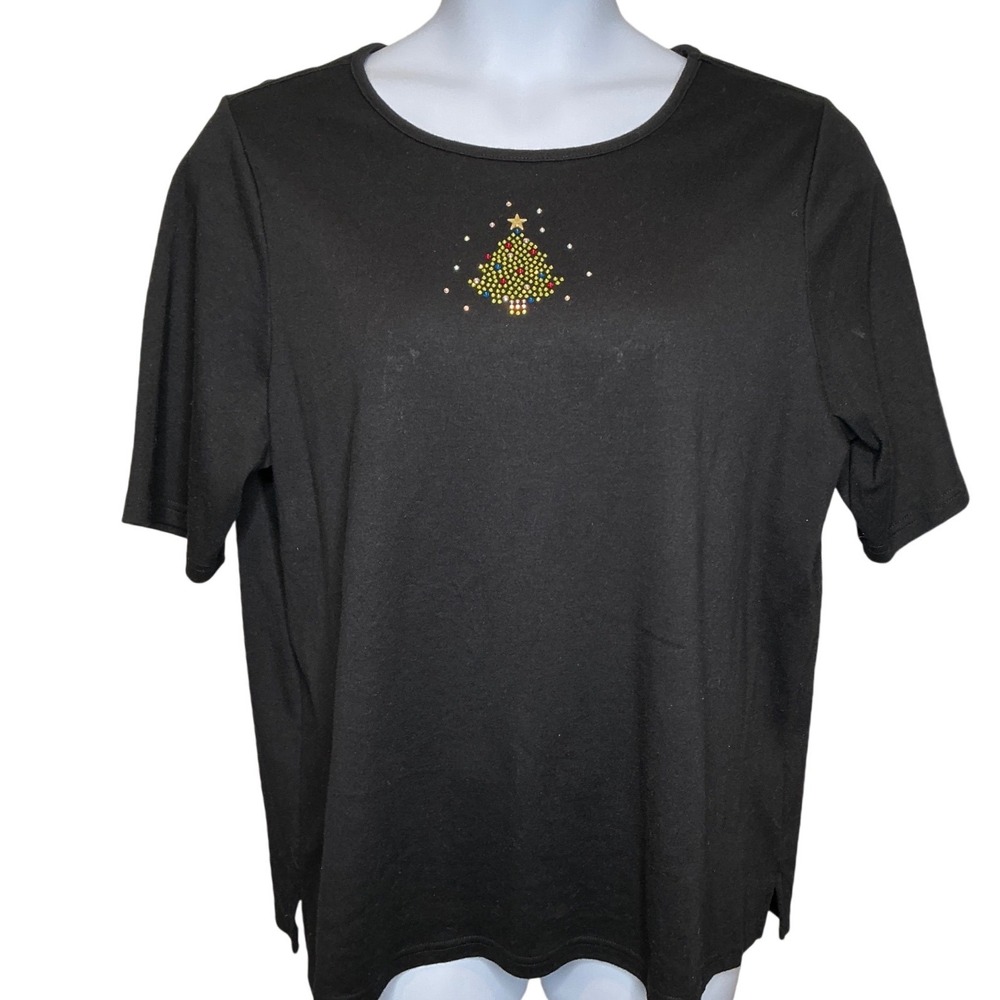 Quacker Factory Womens Black Short Sleeve Christmas Tree Rhinestone Top‎ Sz  1X